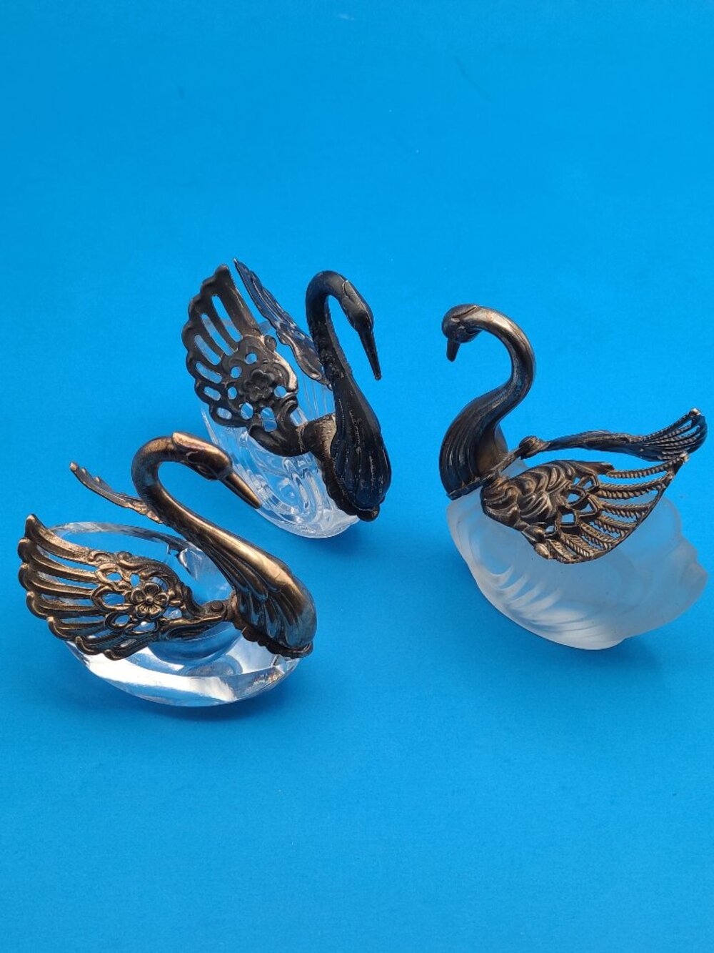 3 Vintage Mismatched Glass Crystal Metal Folding Wing Swan Salt Cellars AS IS